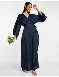 TFNC - Vestito lungo da damigella avvolgente in raso blu navy con maniche a kimono