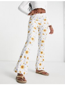 Glamorous - Pantaloni a zampa con vita alta e stampa di girasoli a coste in coordinato-Multicolore