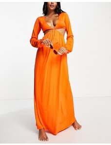 ASOS DESIGN - Vestito da mare lungo a maniche lunghe con cut-out arancione
