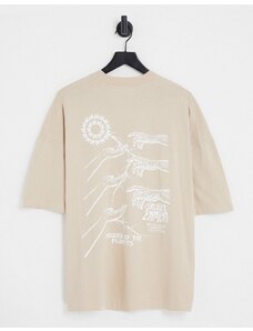 Topman - T-shirt super oversize color pietra con stampa di mani-Neutro