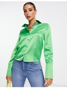 Topshop - Camicia a maniche lunghe aderente in raso verde con polsini lunghi