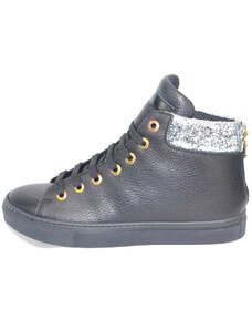 Malu Shoes Sneakers altascarpe donna in vera pelle bortolata nera con inserto glitter argento e zip dorata