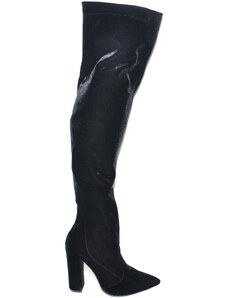 Malu Shoes Stivali donna in velluto nero alti sopra il ginocchio a punta lacco largo moda tendenza made in italy