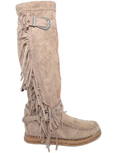 Malu Shoes Stivali donna indianini taupe scamosciati con frange zeppa interna 5 cm cinturino fibbia altezza ginocchio moda ibiza