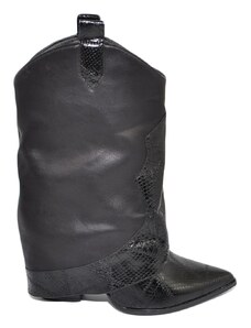 Malu Shoes Stivale tronchetto donna a punta nero con tacco targo e risvoltone shark in tinta stampa animalier pitonata moda trend