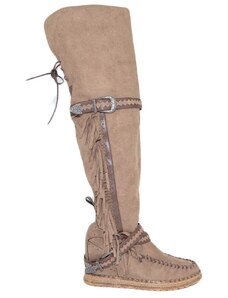 Malu Shoes Stivali donna indianini taupe scamosciati alti sopra al ginocchio frange zeppa interna 5 cm cinturino fibbia moda ibiza