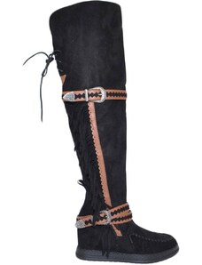 Malu Shoes Stivali donna indianini nero scamosciati alti sopra al ginocchio frange zeppa interna 5 cm cinturino fibbia moda ibiza