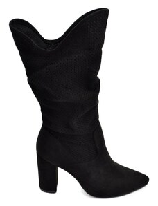 Malu Shoes Stivaletti alti tronchetti donna pelle scamosciata nero a punta tacco squadrato taglio asimmetrico moda glamour tendenza