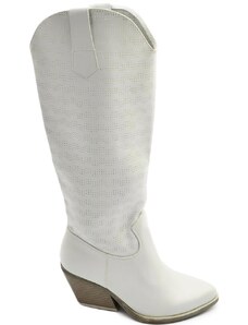 Malu Shoes Stivali donna camperos texani microforato bianco pelle tacco western 7 comodo gomma altezza ginocchio estivo