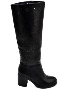 Malu Shoes Stivali donna alto punta tonda nero gambale traforato puntinato al ginocchio tacco largo 6 cm moda elegante