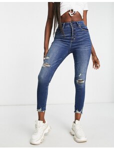 Abercrombie & Fitch - Jeans a vita alta scuri con fondo invecchiato e strappi-Blu