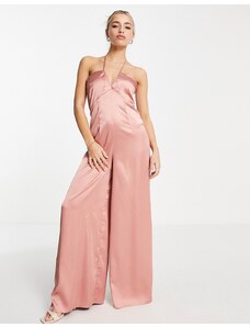 Miss Selfridge - Tuta jumpsuit con fondo ampio e spalline sottili in raso rosa