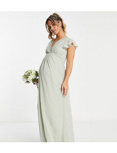 TFNC Maternity - Vestito lungo da damigella salvia chiaro con maniche a volant-Verde
