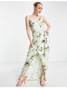 Liquorish - Vestito lungo avvolgente in raso verde tenue a fiori con cintura-Rosa