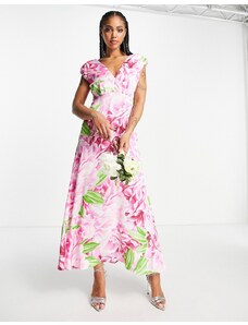 Liquorish - Vestito lungo verde e rosa a fiori con scollo profondo-Multicolore