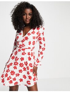 Glamorous - Vestito corto avvolgente a fiori rossi con scollo a V-Bianco