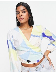 Glamorous - Blusa avvolgente con stampa astratta rétro a maniche lunghe-Multicolore