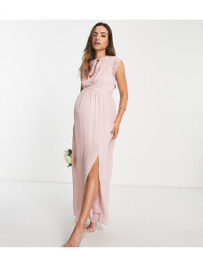 TFNC Maternity - Vestito lungo da damigella color malva in chiffon con dettaglio in pizzo-Rosa