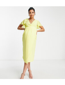 TFNC Maternity - Vestito midi da damigella avvolgente in chiffon giallo limone con maniche con volant