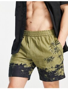 Topman - Pantaloncini in misto lino color kaki con stampa di palme-Verde