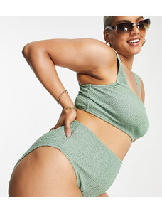 ASOS Curve ASOS DESIGN Curve - Mix and Match - Slip bikini sgambato a vita alta in tessuto increspato kaki-Verde