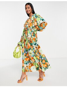ASOS EDITION - Vestito lungo oversize a fiori fluo con scollo a V e volant-Multicolore