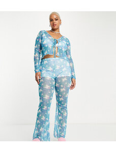 Daisy Street Plus - Pantaloni a zampa a vita alta con fondo smerlato in rete con motivo con farfalle in coordinato-Blu