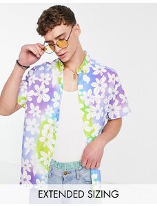 ASOS DESIGN - Camicia comoda effetto lino con stampa a fiori sfumata con bottoni e colletto-Multicolore