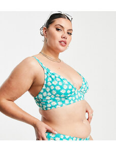 Esclusiva Peek & Beau Curve - Top bikini taglio lungo verde con stampa di girasoli