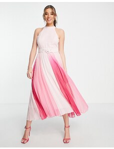 Style Cheat - Vestito midi accollato a pieghe con cintura rosa sfumato
