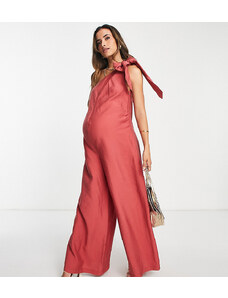 ASOS DESIGN Maternity - Tuta jumpsuit monospalla in lino rosso mattone con allacciatura