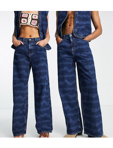 Reclaimed Vintage - Jeans larghi unisex stile anni '00 con stampa a onde in coordinato-Blu