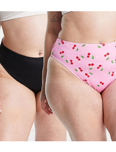 Simply Be - Confezione da 2 slip bikini rosa con stampa di ciliegie e nero-Multicolore