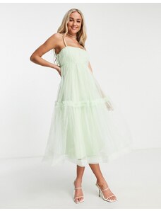 Lace & Beads - Vestito midi a balze in tulle verde pastello