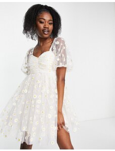 Lace & Beads - Vestito corto ricamato con maniche trasparenti bianco a fiori