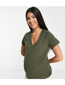 Flounce London Maternity - T-Shirt elastica aderente, colore kaki-Verde