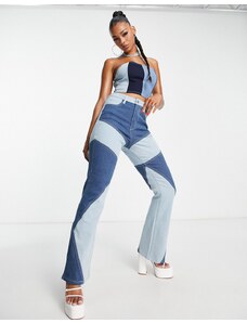 Fashionkilla - Jeans a zampa blu patchwork anni '90-Multicolore