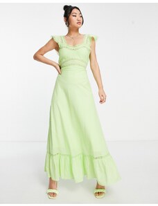 Miss Selfridge - Vestito lungo verde lime plumetis con inserto in pizzo