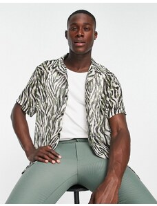 Topman - Camicia in tessuto trasparente effetto stropicciato kaki zebrato con rever profondo-Multicolore