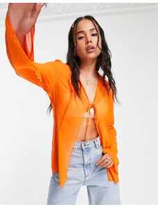 Weekday - Blusa in poliestere con laccetti sul davanti arancione acceso - ORANGE