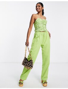 Envii - Pantaloni comodi dritti in lino verde in coordinato