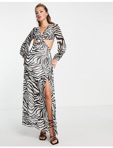 Miss Selfridge - Vestito lungo in chiffon zebrato bianco e nero con cut-out