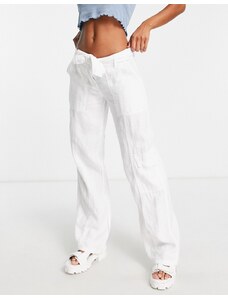 Topshop - Pantaloni dritti in lino bianco a vita medio alta con allacciatura in vita