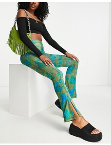Topshop - Pantaloni skinny in rete verde a fiori con cuciture a vista e spacchi sul fondo