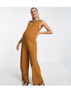ASOS DESIGN Maternity - Tuta jumpsuit color tabacco a coste senza maniche-Marrone