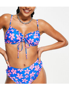 Reclaimed Vintage Inspired - Top bikini con ferretto e volant blu a fiori rosa - MULTI-Multicolore