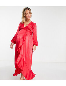 Flounce London Maternity - Vestito lungo avvolgente a maniche lunghe in raso rosso