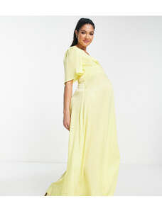 Flounce London Maternity - Vestito lungo con maniche con volant e scollo profondo in raso giallo