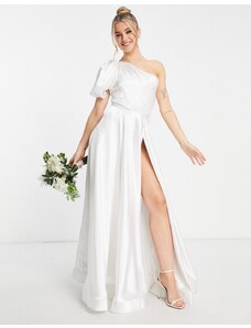 Yaura - Vestito da sposa monospalla con manica a palloncino e gonna a ruota color avorio-Bianco