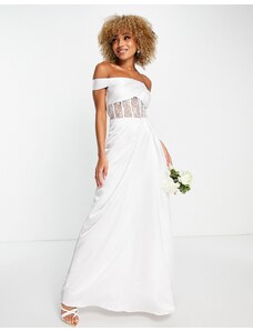 Yaura - Vestito da sposa lungo con corsetto e scollo ad anello color avorio-Bianco